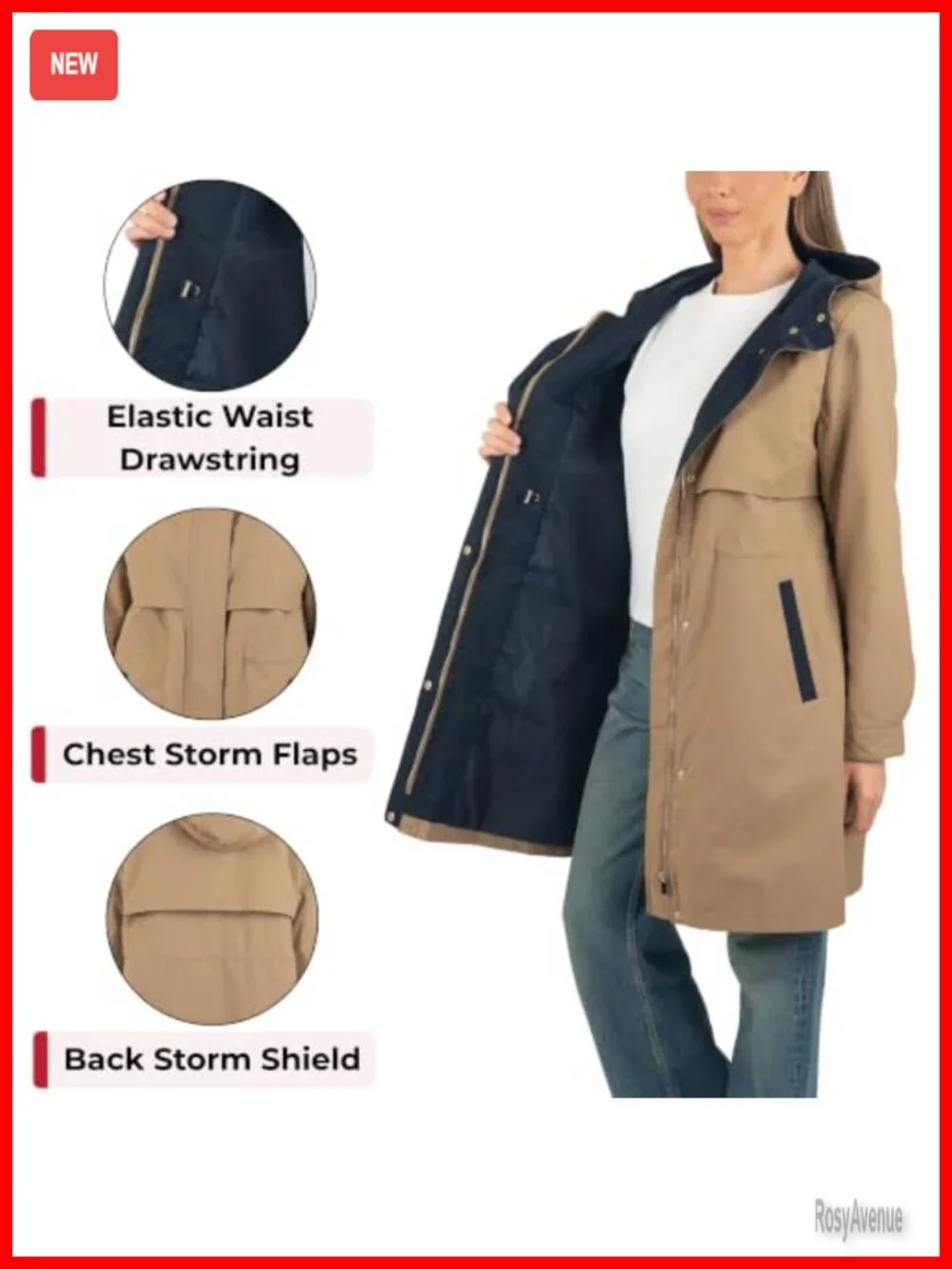 Womens Hooded Rain Jacket Long Trench Coat Windbreaker Water Resistant